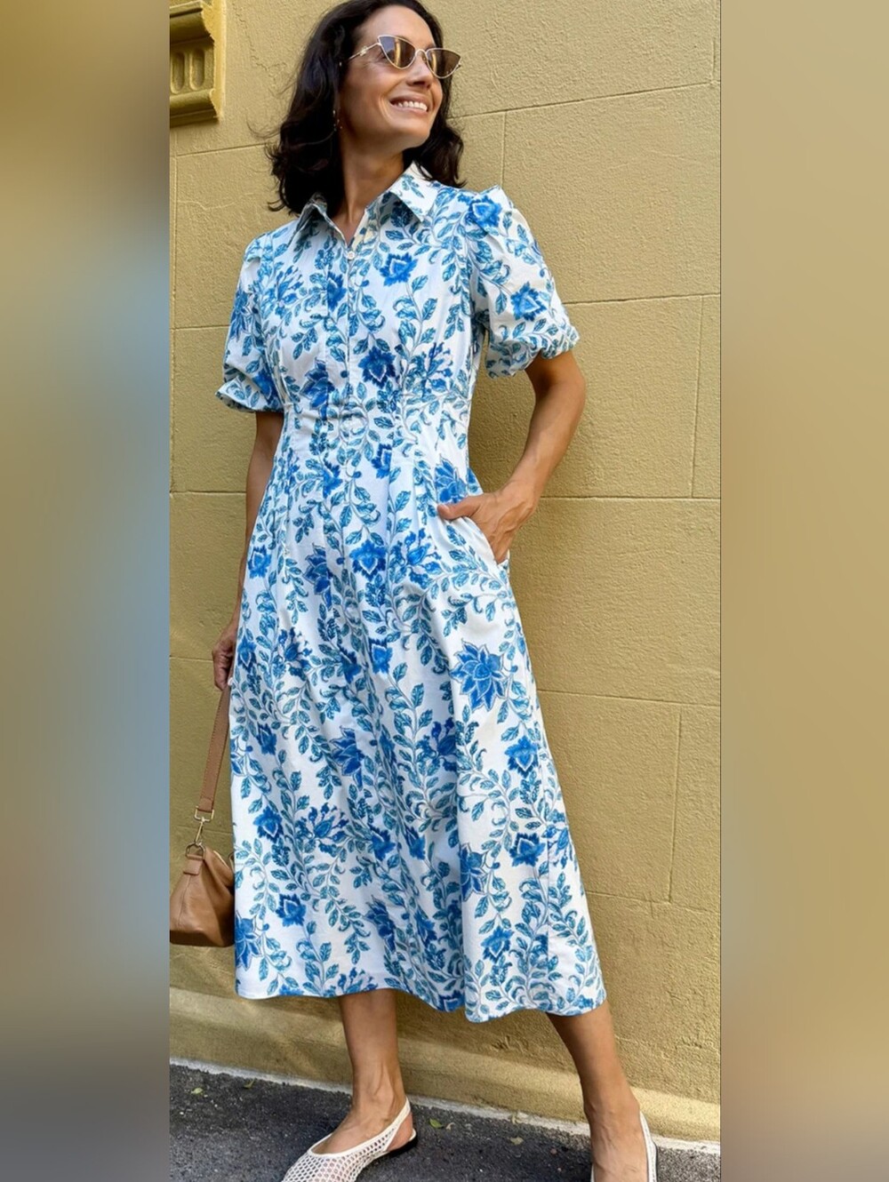 New Blue Floral Maxi Shirt Dress with Puff Sleeves Size XL